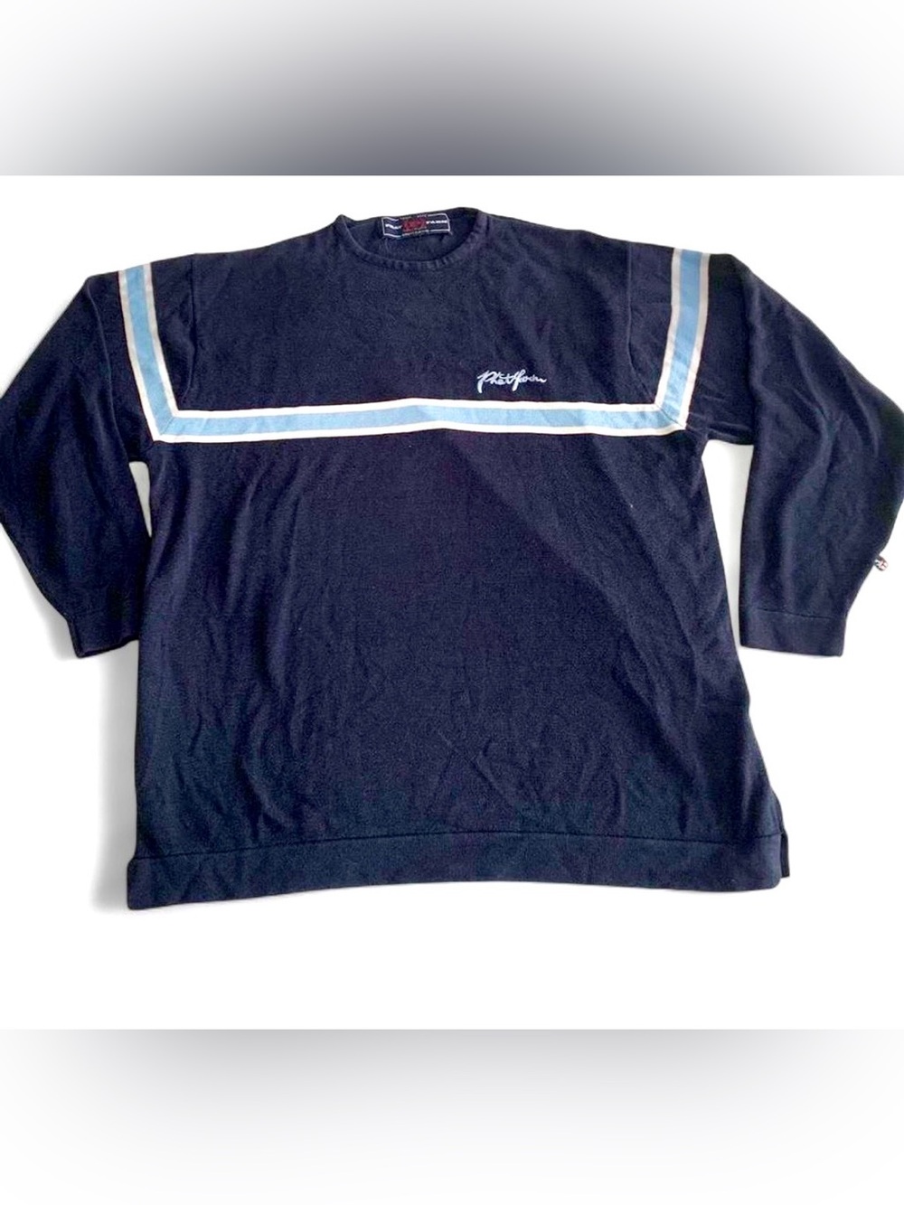 Phat Farm Navy Crewneck Sweater with Light Blue and White Stripes
